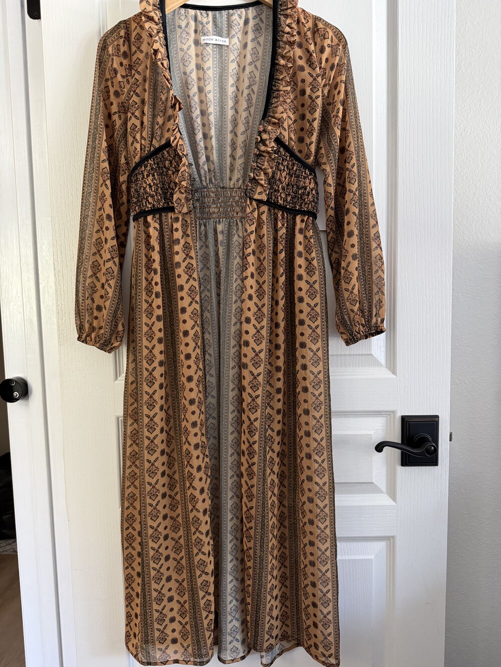Moon River Patterned Smocked Maxi Dress